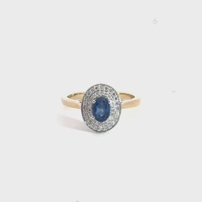 9CT Yellow Gold Diamond Sapphire Oval Halo Ring