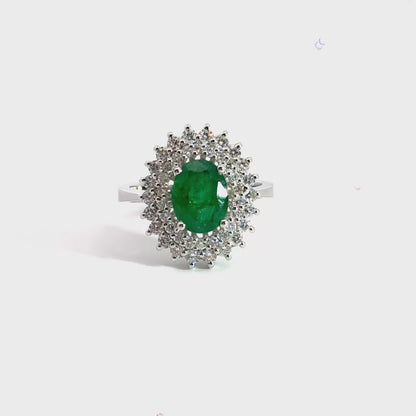 18CT White Gold Cluster Emerald and Diamond Ring