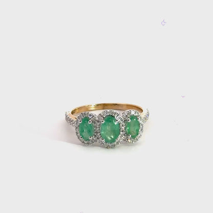 9CT Yellow Gold Trilogy Halo Emerald Diamond Ring