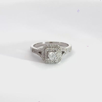 18CT White Gold Square Halo Split Shoulder Diamond Ring