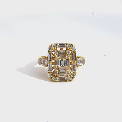 18CT Yellow Gold Cluster Ring Baguette & Round Cut Diamonds