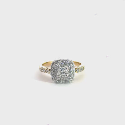 18CT Yellow Gold Square Diamond Double Halo Ring