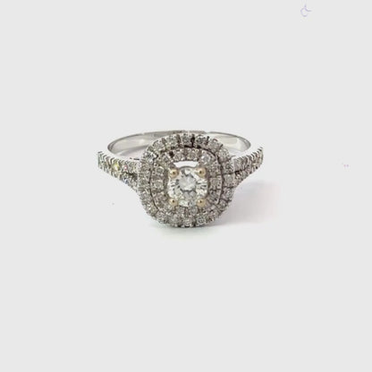 18CT White Gold Square Halo Claw Set Diamond Split Shoulders