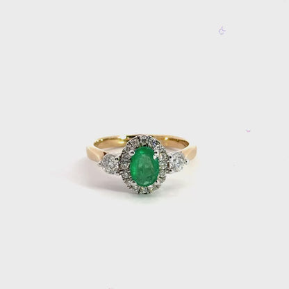 9CT Emerald Diamond Ring Halo Trilogy