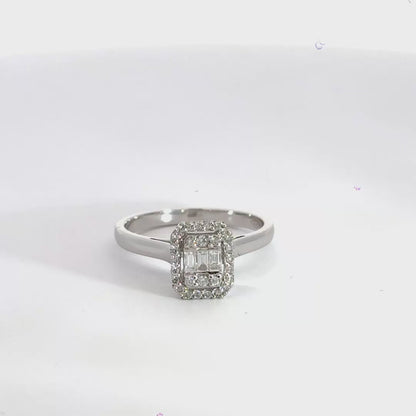 18CT White Gold Baguette & Round Halo Diamond Ring