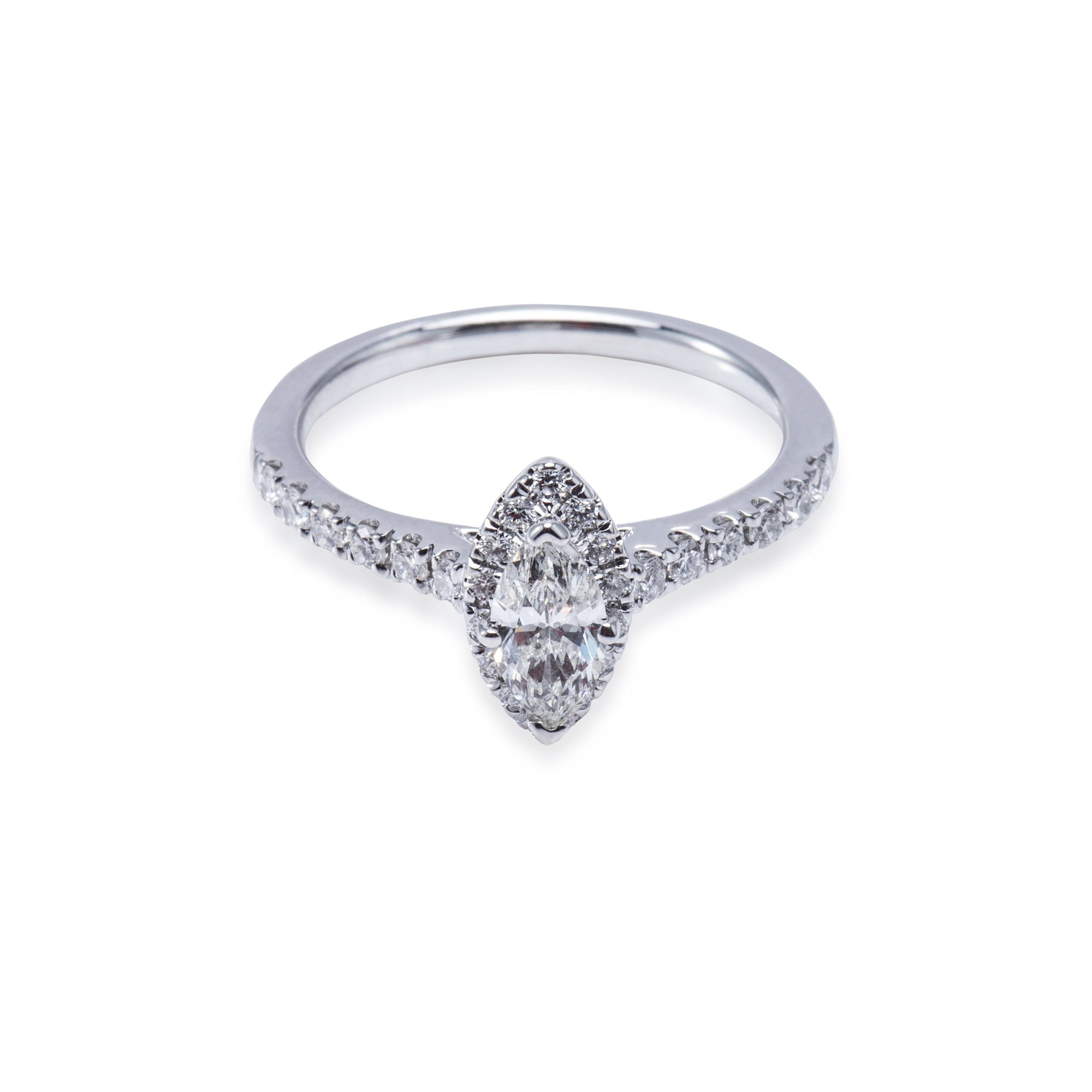 18ct White Gold Marquise Shape Halo Style Diamond Ring Aces Jewellers 