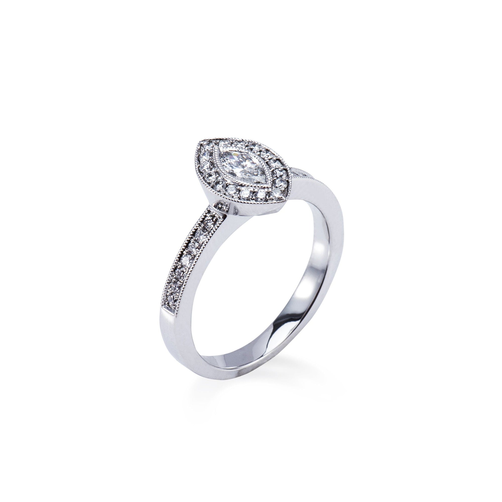 18ct White Gold Marquise shape Rub-over Halo Set Diamond Ring. ACES JEWELLERS LTD 