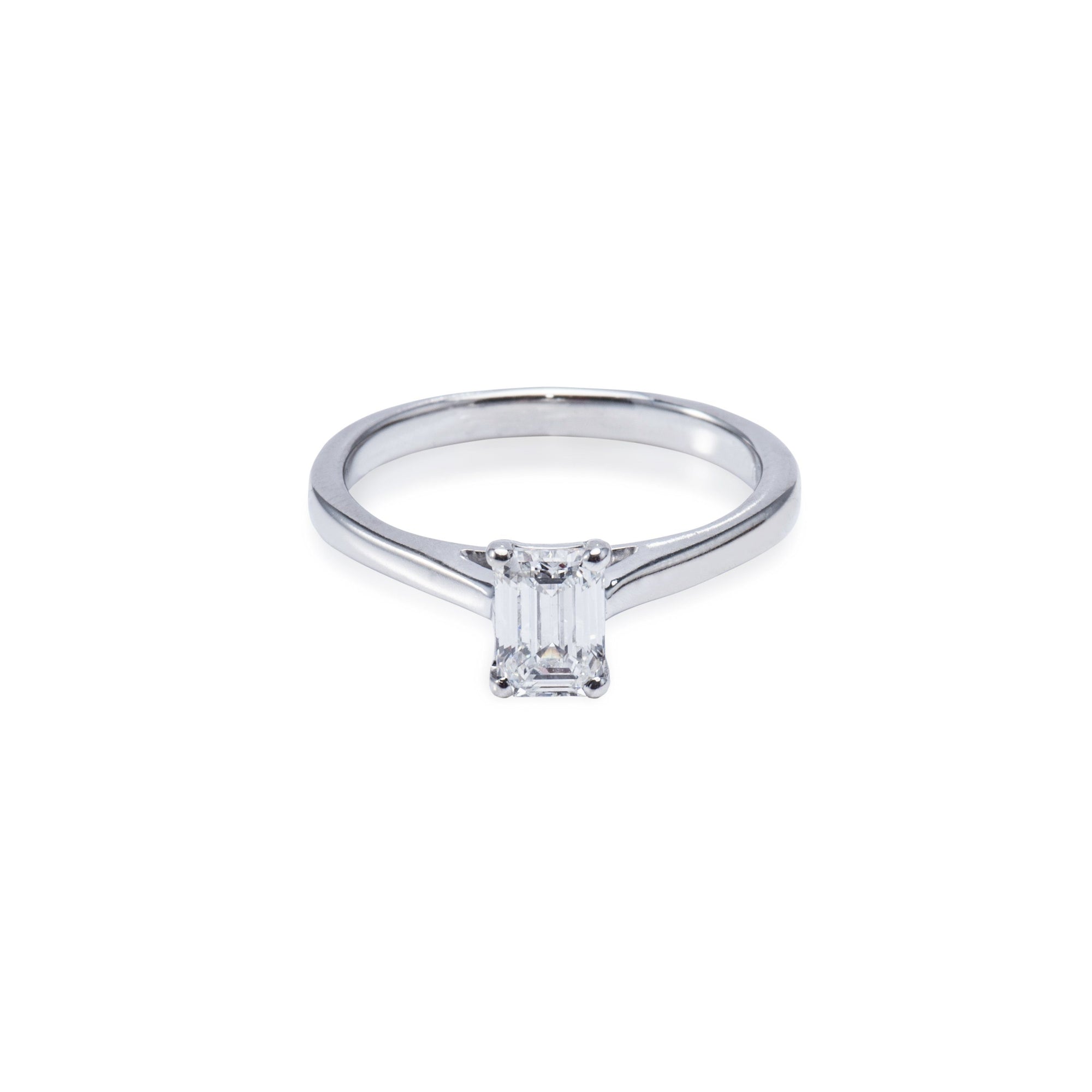 Platinum Solitaire Emerald Cut Claw set diamond ring Aces Jewellers 
