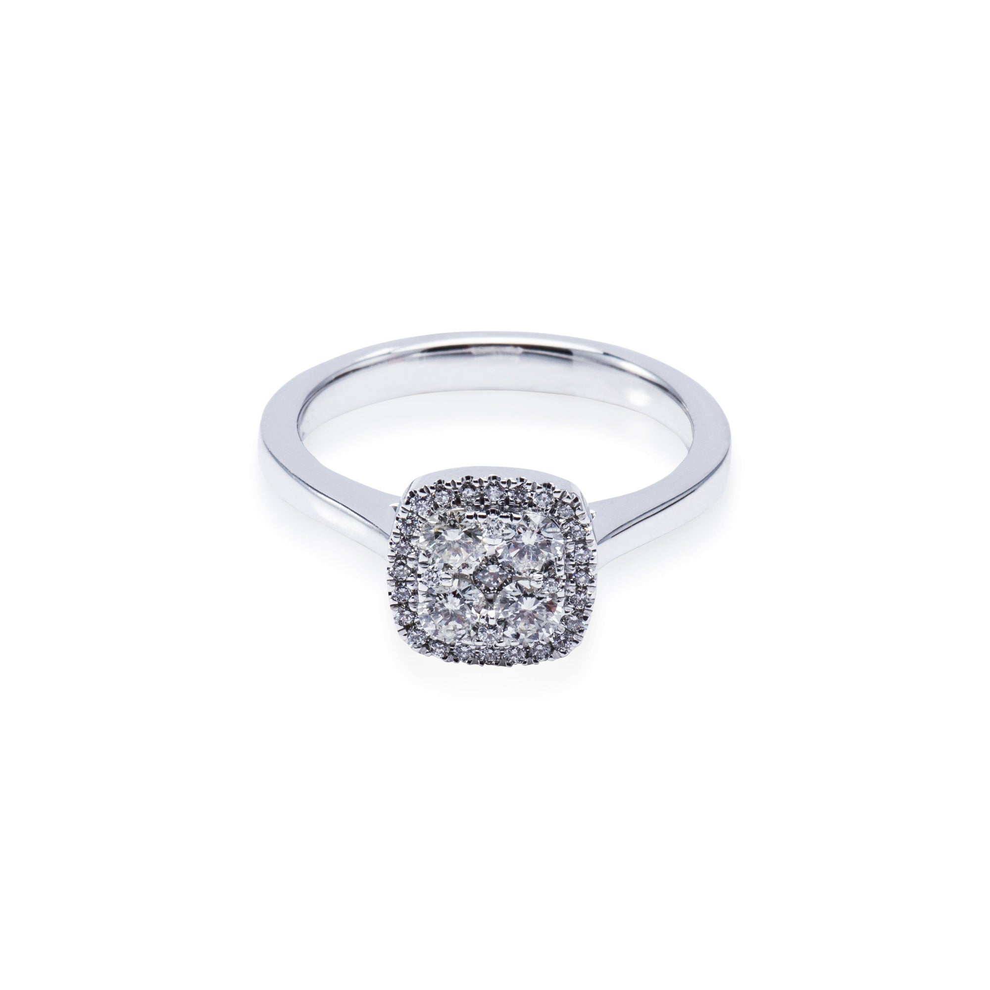 18ct white gold halo style engagement ring. Aces Jewellers 