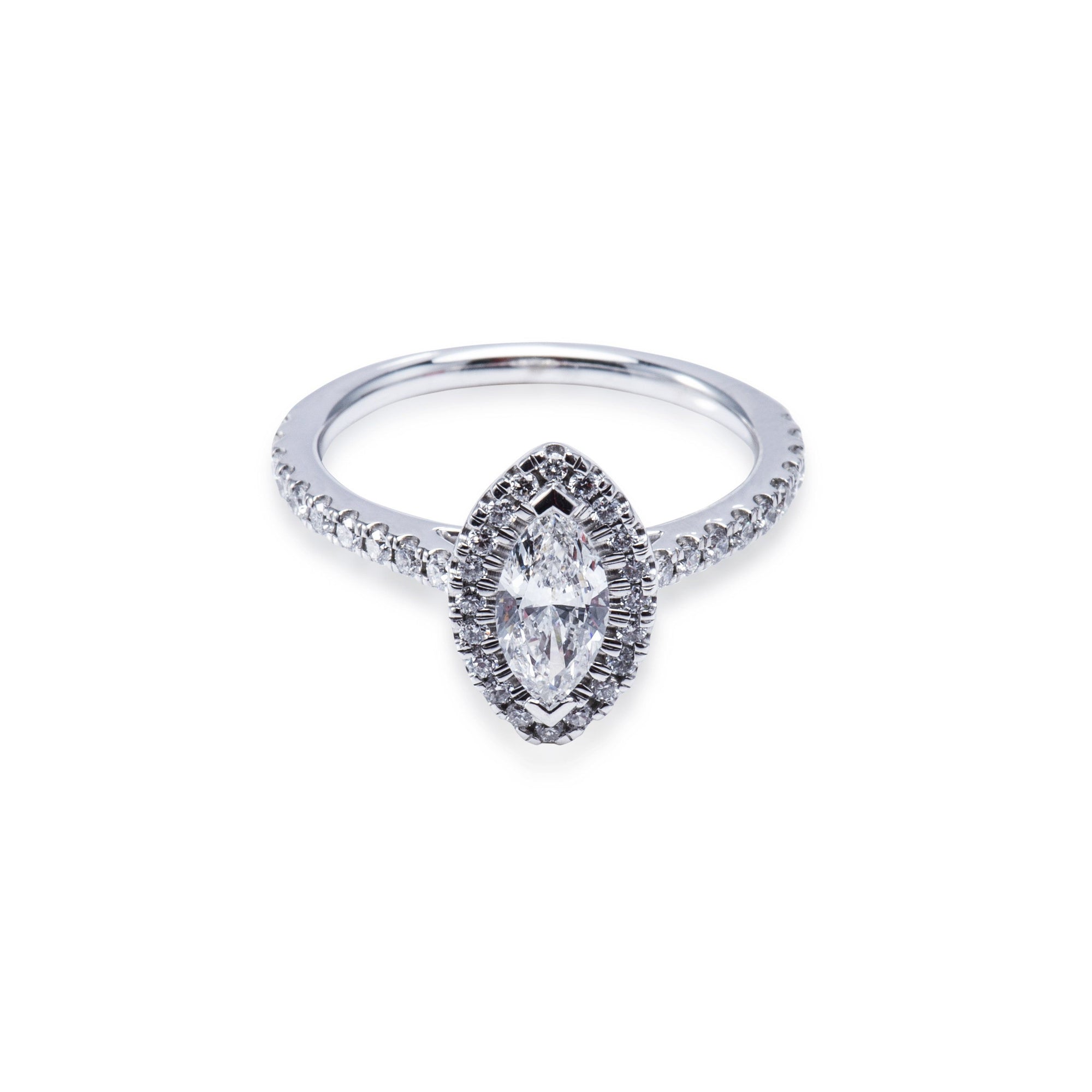 Platinum halo style Marquise Shape Diamond Ring Aces Jewellers 