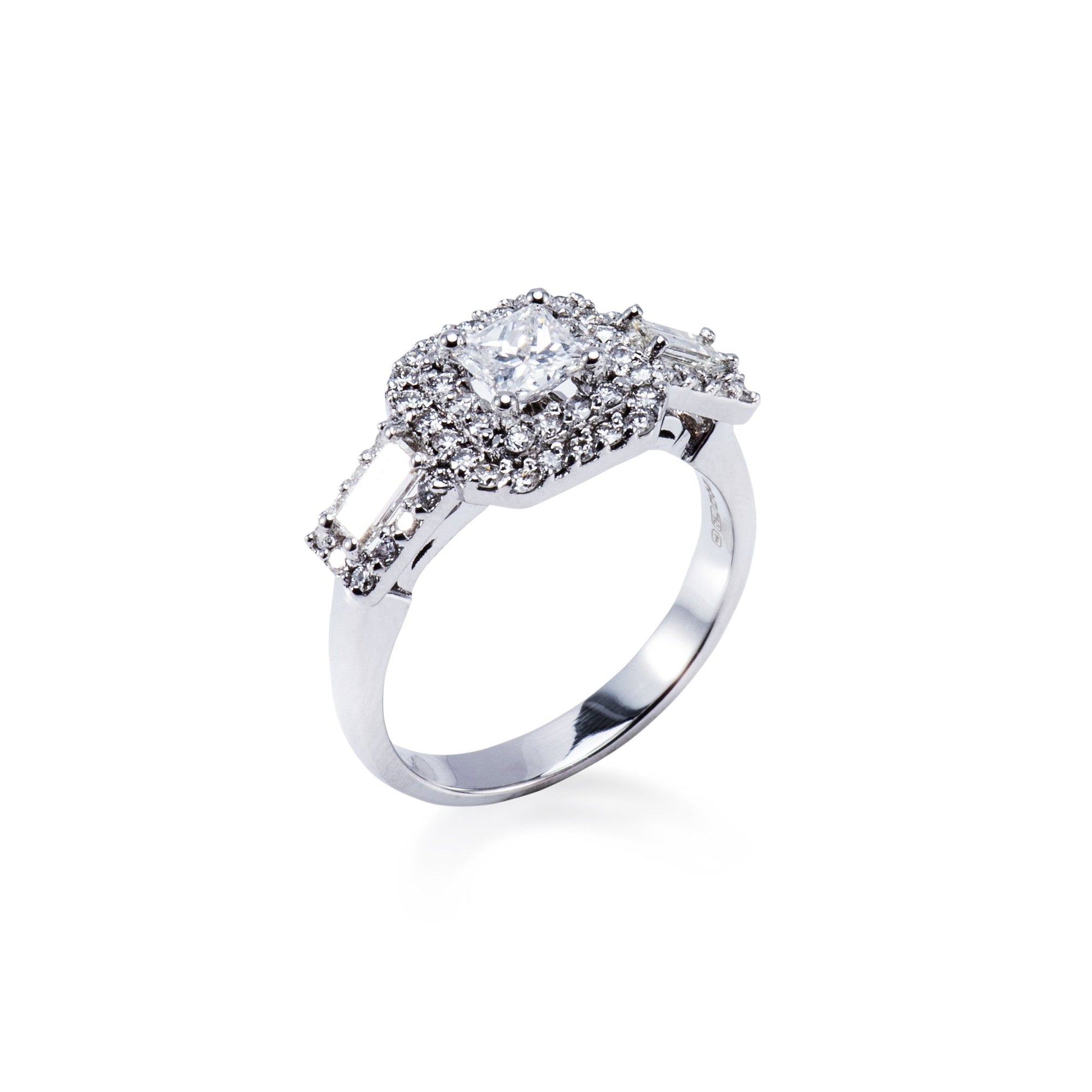 18CT White Gold Trio Halo Style Diamond Engagement Ring. Aces Jewellers 