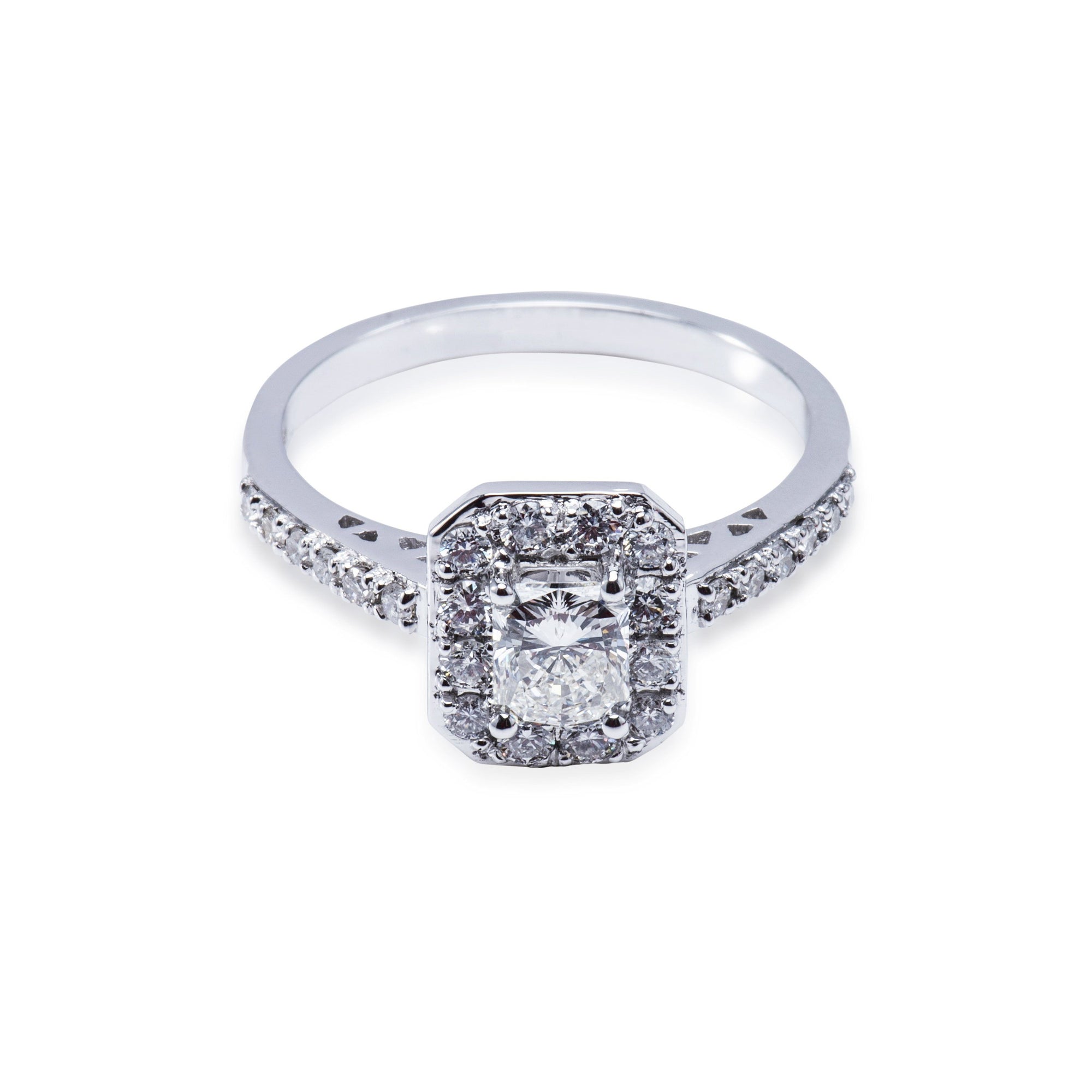 18CT WHITE GOLD HALO STYLE 0.74CT RADIANT CUT CENTRE DIAMOND AND 0.62CT SMALL DIAMONDS G/SI1 Aces Jewellers 