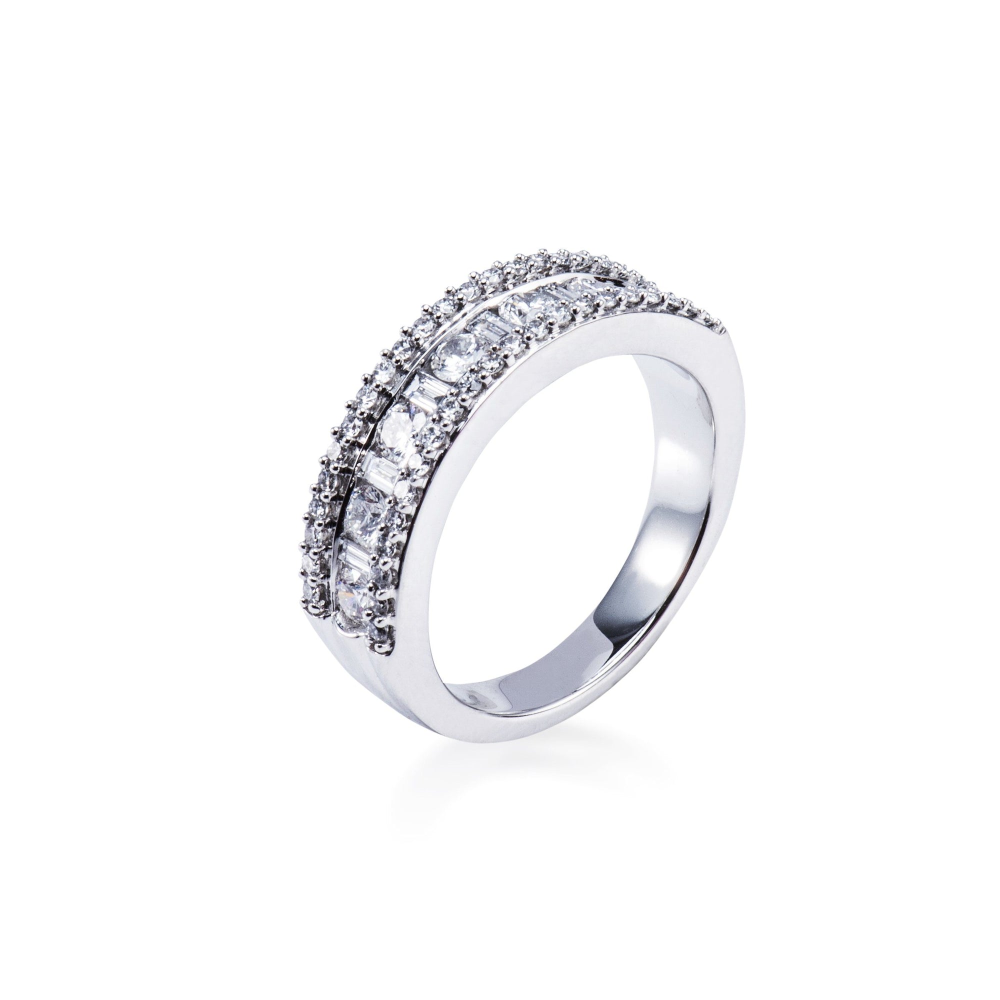18CT WHITE GOLD DIAMOND ETERNITY RING CENTRE ROW ALTERNATE ROUND BRILLIANT AND BAGUETTE CUT DIAMONDS. EDGES FINISHED WITH ROWS OF ROUND BRILLIANT CUT DIAMONDS wedding ring, eternity ring Aces Jewellers 