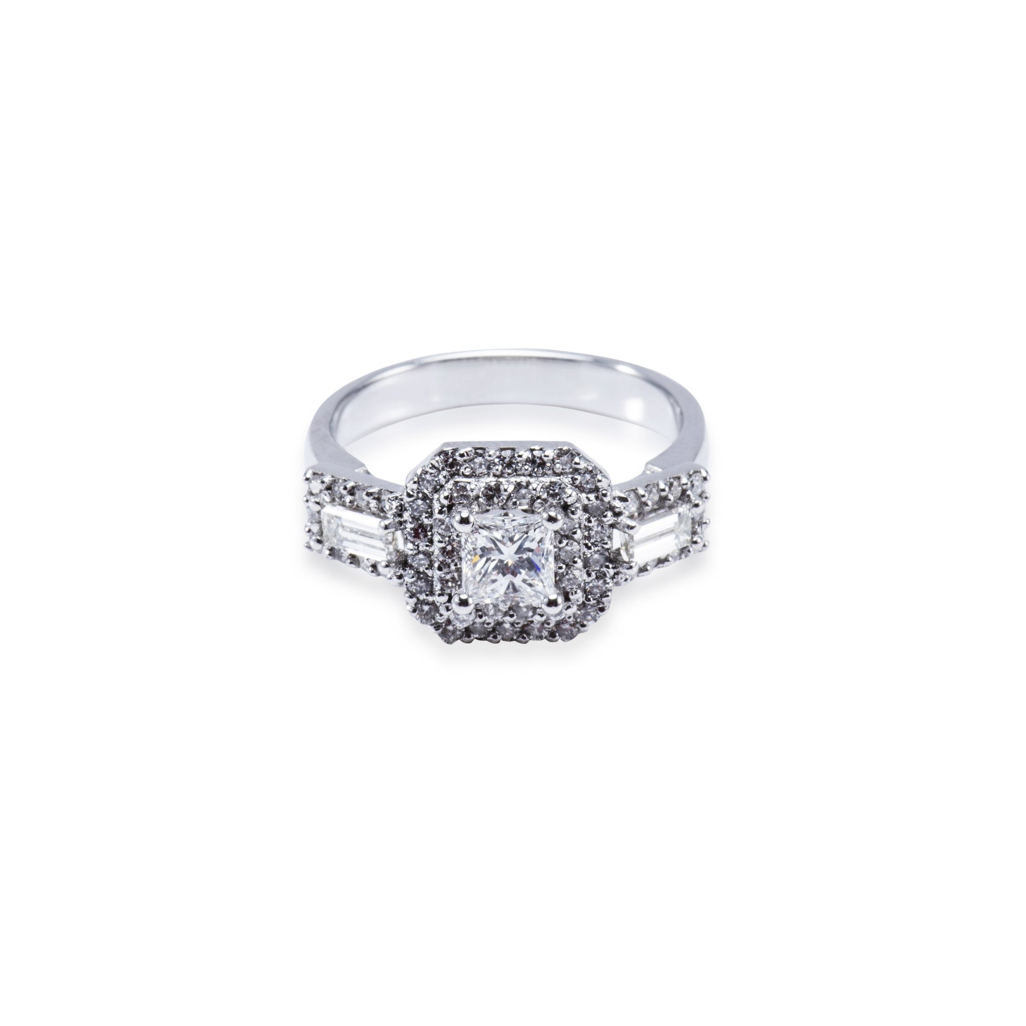 18CT White Gold Trio Halo Style Diamond Engagement Ring. Aces Jewellers 